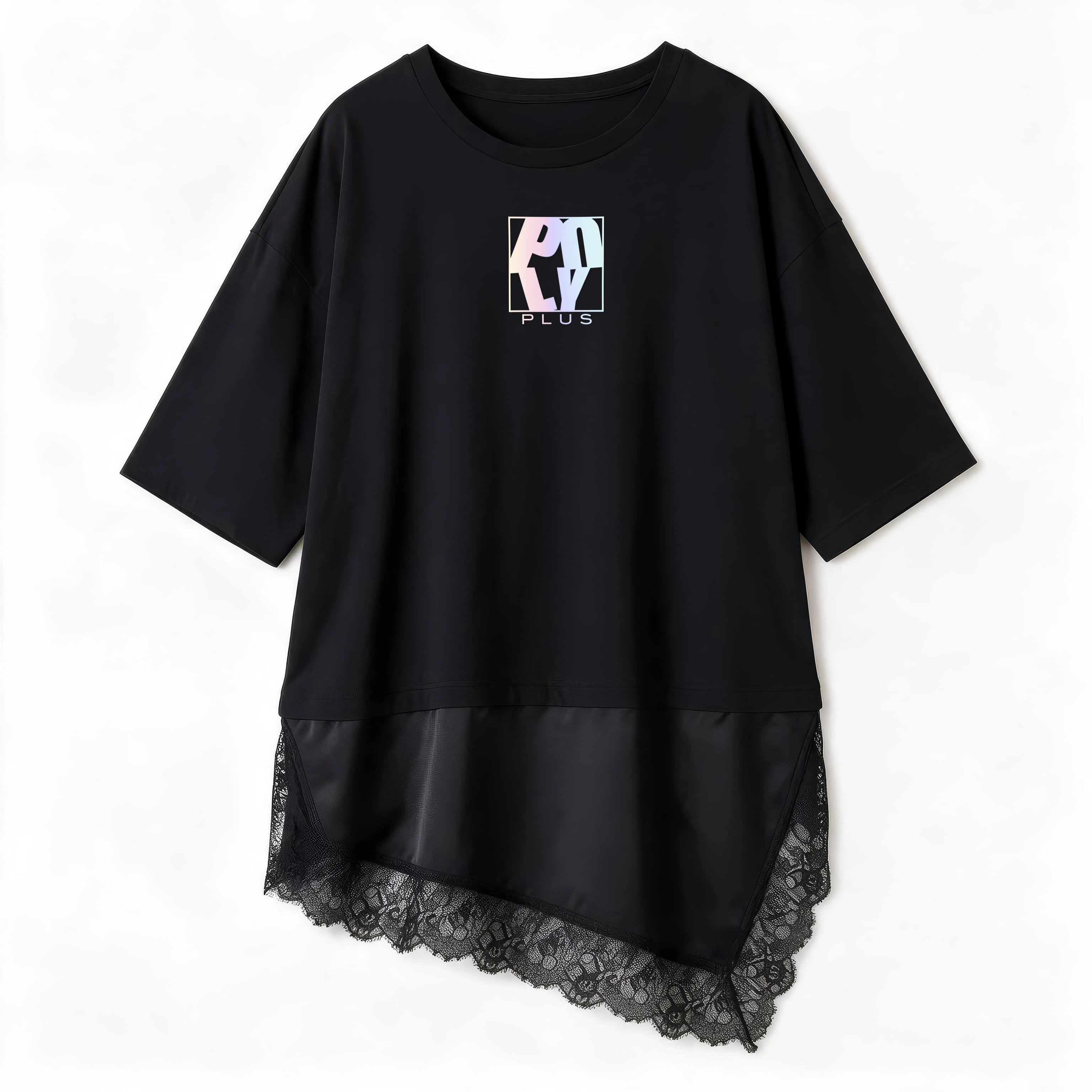 hem lace T-shirt BLACK